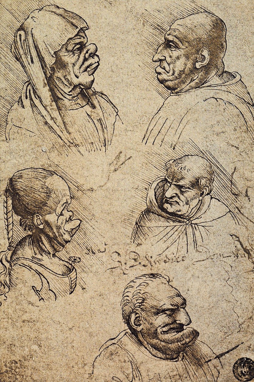 レオナルド・ダ・ヴィンチの5つスケッチを集めた壁掛けのアート レオナルドダヴィンチが描いた5つのグロテスクな頭。ギャラリーデル